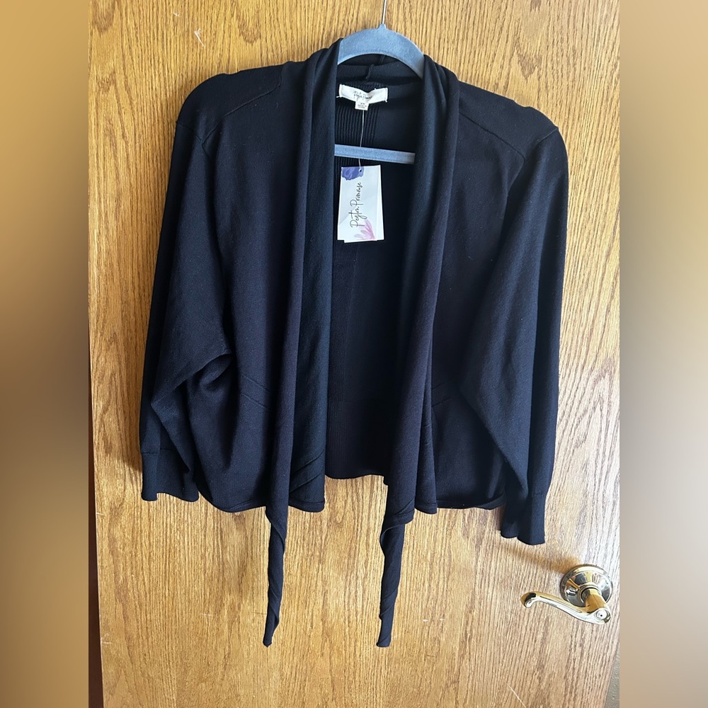 Peyton Primrose Black Open Front Cardigan Sweater with Tie NWT